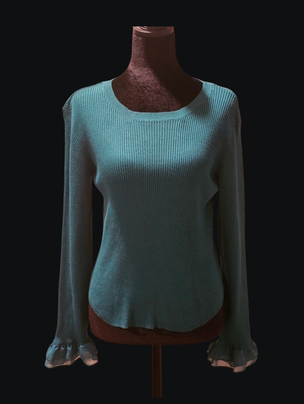 Jessica Simpson Teal Ribbed Scoop Neck Sweater with Ruffle Cuffs